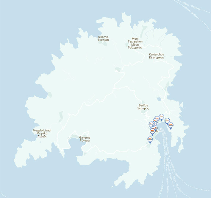 Τα καταλύματα στο χάρτη της Σερίφου